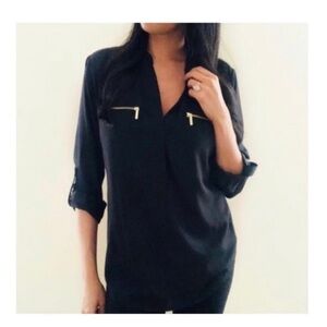 Michael Kors elevated black blouse w/ Gold zipper pockets